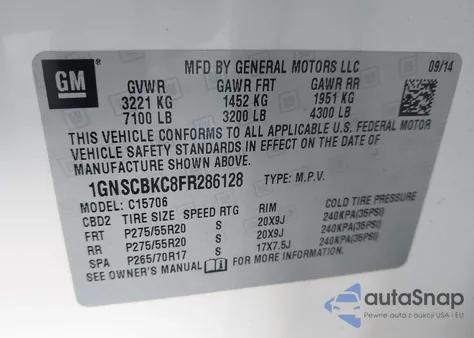 2015 Chevrolet Tahoe Lt from USA, damaged, VIN 1GNSCBKC8FR286128